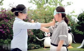 钟楚红(左)与甘比(右)接受“雪糕挑战”，目的为香港导盲犬协会筹款，让导盲犬数目、训练员、寄养家庭等资源上问题得以解决。