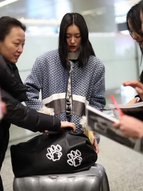 组图:刘雯潮装现身机场 众多迷妹粉儿追堵求签名